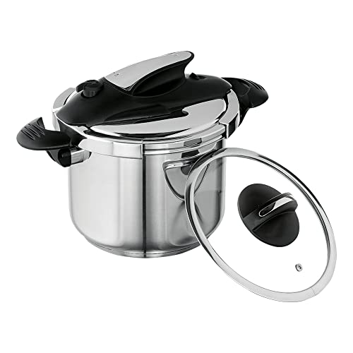 Stainless Steel Easy Use Pressure Cooker 6.3 Qt / 6L + Additional Glass Lid, Pressure Cooker and Regular Pot, Pressure Cooker for Canning, Induction Compatible by Universal