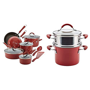 Rachael Ray Cucina Nonstick Cookware Pots and Pans Set, 12 Piece, Cranberry Red & Cucina Nonstick Sauce Pot/Saucepot with Steamer Insert and Lid, 3 Quart, Cranberry Red