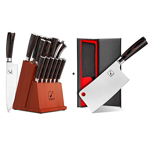 Cleaver Knife and 16-Pieces Knife Set, imarku German Stainless Steel Knife Set with Block and Knife Sharpener, 7 Inch Meat Cleaver or Home Kitchen and Restaurant
