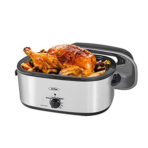 24-Quart Electric Roaster Oven with Visible Glass Lid, Sunvivi Roaster with Removable Pan & Rack, 150-450°F Full-Range Temperature Control with Defrost/Warm Function, Stainless Steel, Silver