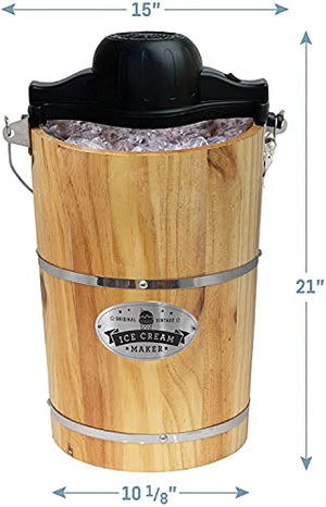 Elite Gourmet EIM916# Old Fashioned 6 Quart Vintage Wood Bucket Electric Ice Cream Maker Machine, *Bonus Classic Die-Cast Hand Crank for Churning, Uses Ice & Rock Salt Churn Ice Cream in Minutes, Pine