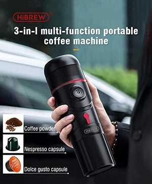 HiBREW Portable 3-in-1 Multi-Function Electric Espresso Maker for Vehicle, Travel, Home, Office Compatible with Nespresso, Dolce Gusto, Ground Coffee (Premium Model: Vehicle Cigarette Adapter, USB Cable, AC Adapter, Portable Case)