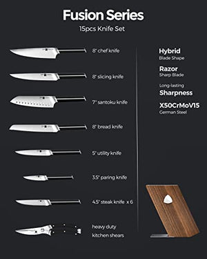 Kitchen Knife Set, iPUREHOME 15 PCS Knife Sets for Kitchen with Block, X50CrMoV15 High Carbon German Steel Knife Set with 6x Serrated Steak Knife, Sharpener Heavy Duty Kitchen Shears Acacia Wood Block