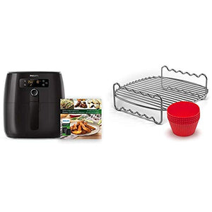 Philips Premium Digital Airfryer with Fat Removal Technology and Party Master Accessory Kit with Double Layer Rack and Silicone Muffin Cups-for Philips Compact Airfryer Models, Silver/Red