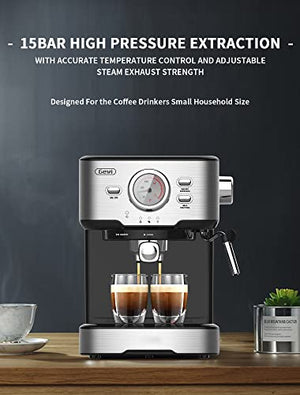 Gevi Espresso Machine 15 Bar Pump Pressure, Cappuccino Coffee Maker with Milk Foaming Steam Wand for Latte, Mocha, Cappuccino, 1.5L Water Tank, 1100W, Black