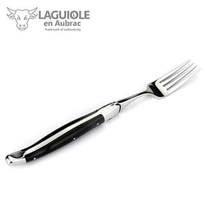 Laguiole en Aubrac - set of two handmade french steak knives and two forks - black polished buffalo horn handles - wooden gift box