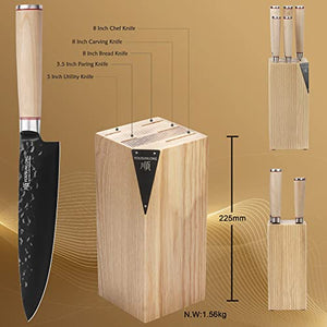 YOUSUNLONG Knife Block Sets - 5 Piece Knife Set -Japanese AUS8 Steel Black Titanium - Natural Fraxinus Americana Wood Knife Holder -Canadian Maple Wood Handle - Kitchen Knife Set - With Gift Box
