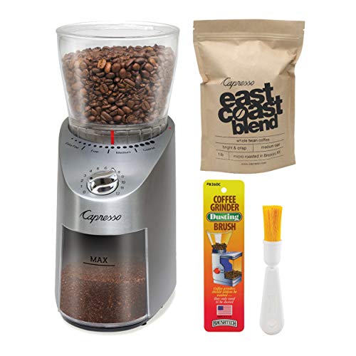Capresso 575.05 Infinity Plus Conical Burr Grinder, Stainless Steel Bundle East Coast Blend Coffee Beans and Coffee Grinder Dusting Brush (3 Items)