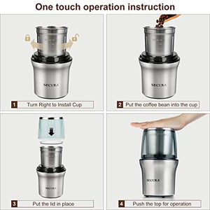 Secura Electric Coffee Grinder and Spice Grinder with 2 Stainless Steel Blades Removable Bowls