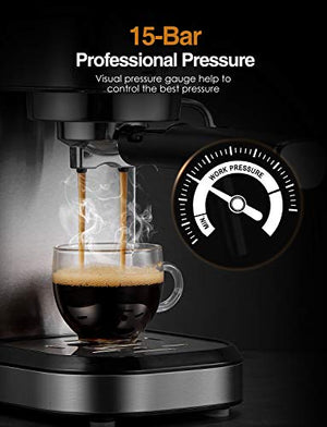 Espresso Machine, 15 Bar Espresso and Cappuccino Maker with Milk Frother Wand, Built in Pressure Gauge, Double Temperature Control, Brushed Stainless Steel, Professional Espresso Coffee Machine for Cappuccino and Latte