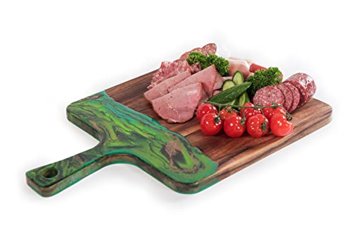Large wooden Cutting Board, Paddle 11.5 in x 11.5 in plus 5in Handle, Serving Platter, Cheese Board and Knife Set in Gift box. Charcuterie board, Acacia wood,Handmade Forest themed Epoxy Resin