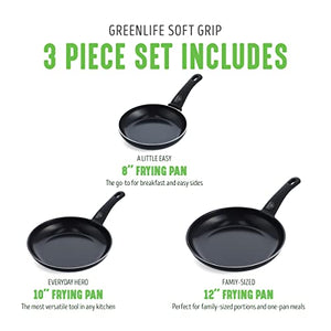 GreenLife Soft Grip Healthy Ceramic Nonstick, 8" 10" and 12" Frying Pan Skillet Set, PFAS-Free, Dishwasher Safe, Black