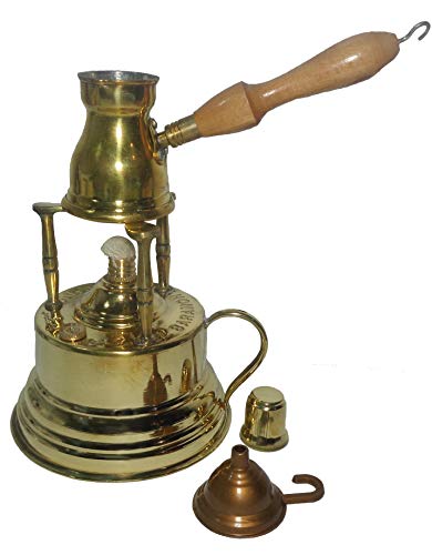 Al Bramony Brass Turkish Greek Coffee Alcohol Burner Maker Table Top Tabletop With Brass Handle Arabian Solid Large Size Hand Hammered Handmade Egyptian Decanter + Pot Ibrik Size N02 (Capacity 2 Cup)