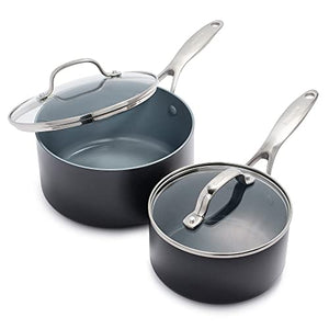 GreenPan Valencia Pro Hard Anodized Healthy Ceramic Nonstick 2QT and 3QT Saucepan Pot Set with Lids, PFAS-Free, Induction, Dishwasher Safe, Oven Safe, Gray