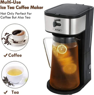 Iced Coffee & Tea Maker with 3 Quart Glass Pitcher, Multi-Use Coffee Maker for Coffee Pod Bag/Ground Coffee, Ice Tea Maker with One-Touch Button Fast Brew Auto Shut Off, Silver