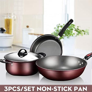 ERGUI 3Pcs Kitchen Cookware Set Non-Stick Cookware Frying Pan Cooking Pot & Pan Saucepan with Glass Lid Home (Color : Multicolor)