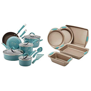 Rachael Ray Cucina Nonstick Cookware Pots and Pans Set, 12 Piece, Agave Blue & Cucina Nonstick Bakeware Set with Grips includes Nonstick Bread Pan - 5 Piece, Latte Brown with Agave Blue Handle Grips