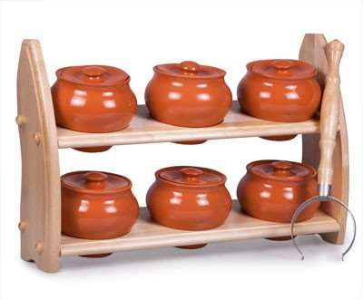 Stoneware Ramekins with Lids Set of 6 w/Wooden Shelf - 16.9 fl oz (500 ml) - Clay Pots for Cooking