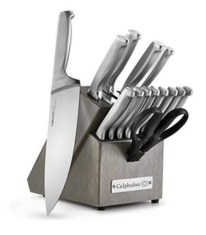 Calphalon Kitchen Knife Set with Self-Sharpening Block, 15-Piece Classic High Carbon Knives & 10-Piece Pots and Pans Set, Stainless Steel Kitchen Cookware, Silver