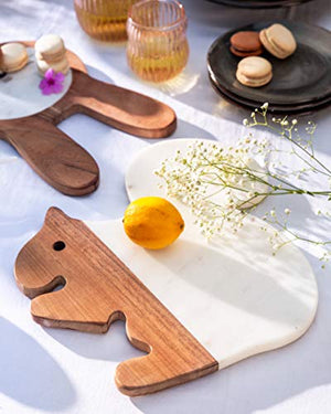 Serein Decor White Marble & Acacia Wood Cutting Board Charcuterie Board Cheese Tray Fun Board Wedding, Unique, Animal Shaped, Gifts for him or her (Squirrel)