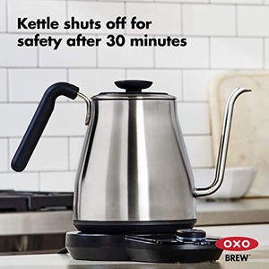 OXO Brew Gooseneck Electric Kettle – Hot Water Kettle, Pour Over Coffee & Tea Kettle, Adjustable Temperature, Built-In Brew Timer, Stainless Steel, 1L