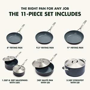 GreenPan Paris Pro Hard Anodized Healthy Ceramic Nonstick, 11 Piece Cookware Pots and Pans Set with Stainless Steel Lids, PFAS-Free, Dishwasher Safe, Grey