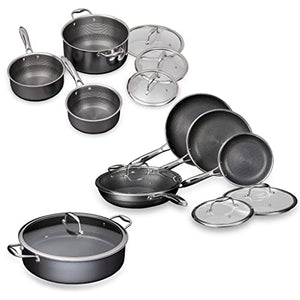 HexClad 15 Piece Hybrid Stainless Steel Cookware Set - 7 Piece Nonstick Frying Pan Set, 6 Piece Pot Set, and 7 Quart Deep Fryer - Metal Utensil, Dishwasher Safe, Induction Ready, Easy to Clean