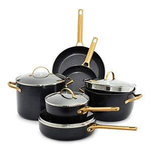 GreenPan Reserve Hard Anodized Healthy Ceramic Nonstick 10 Piece Cookware Pots and Pans Set, Gold Handle, Black & Reserve Healthy Ceramic Nonstick Roasting Pan, 13" x 16", Black