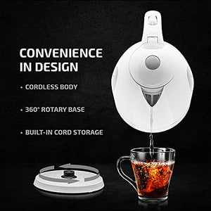 Ovente Electric Hot Water Kettle 1.7 Liter with LED Light, 1100 Watt BPA-Free Portable Tea Maker Fast Heating Element with Auto Shut-Off and Boil Dry Protection, Brew Coffee & Beverage, White KP72W