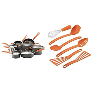 Rachael Ray Brights Hard-Anodized Nonstick Cookware Set with Glass Lids, 14-Piece Pot and Pan Set, Gray with Orange Handles & Ray Gadgets Utensil Kitchen Cooking Tools Set, 6 Piece, Orange