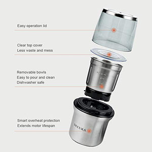 Secura Electric Coffee Grinder and Spice Grinder with 2 Stainless Steel Blades Removable Bowls