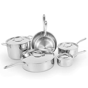 RD ROYDX Stainless Steel Pots and Pans Set Tri-ply Whole Clad 10-Piece Kitchen Induction Cookware Sets for Cooking Dishwasher Safe