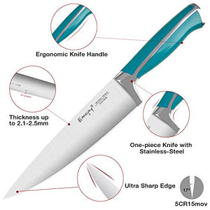 Emojoy Knife Set, 15-Piece Kitchen Knife Set with Block Wooden, Lake Blue Handle for Chef Knife Set, Kitchen Knives Sharpener and Scissors German Stainless Steel