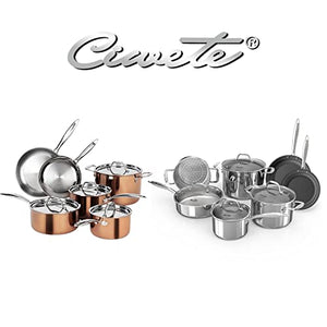 Ciwete Copper Tri-ply Cookware Set 10Pc & Stainless Steel Pots and Pans11Pc
