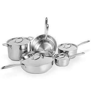 DELUXE Stainless Steel Pots and Pans set Tri-ply Impact-bonded Base 10-pieces Cookware Set for Kitchen Dishwasher Safe