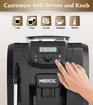 MEROL Automatic Espresso Coffee Machine, 19 Bar Barista Pump Coffee Maker with Grinder and Manual Milk Frother Steam Wand for Cappuccino Latte Macchiato, Black