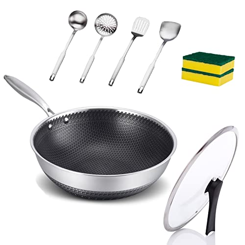 Stainless Steel Wok Pan with lid for electric, induction and gas stoves, for Dishwasher and Oven Safe(12.5-inch wok, lid, 1 soup ladle, 2 spatulas included ,1 Skimmer Spoon 6 piece set )