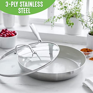 GreenLife Tri-Ply Stainless Steel Healthy Ceramic Nonstick, 12" Frying Pan Skillet with Lid, PFAS-Free, Multi Clad, Induction, Dishwasher Safe, Oven Safe, Silver