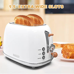 Toaster 2 slice, KitchMix Retro Stainless Steel Toaster with 6 Settings, 1.5 In Extra Wide Slots, Bagel/Defrost/Cancel Function, Removable Crumb Tray (White)