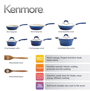 Kenmore Arlington Healthy Nonstick Ceramic Coated Forged Aluminum Induction Cookware, 12-Piece, Metallic Blue