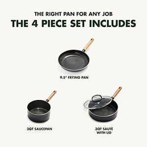 GreenPan Hudson Healthy Ceramic Nonstick, 4 Piece Cookware Pots and Pans Set, Wood Inspired Handle, PFAS-Free, Dishwasher Safe, Black