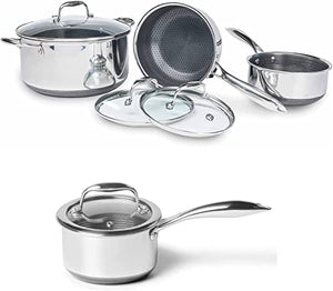 HexClad 8 Piece Hybrid Stainless Steel Cookware Set - 6 Piece Pot Set, 1 Quart Pot Saucepan - Metal Utensil and Dishwasher Safe, Induction Ready, PFOA-Free, Easy to Clean Non Stick Fry Pan with Covers