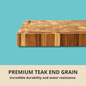 Large End Grain Teak Wood Cutting Board - Juice Groove, Reversible, Hand Grips (20"L x 15"W x 1.5"T)