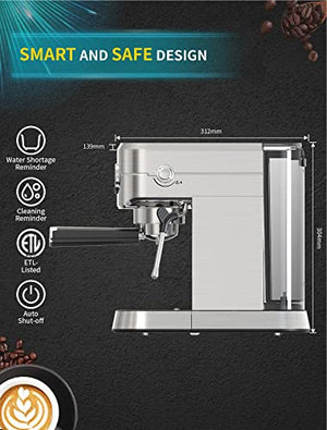 Gevi 20 Bar Compact Professional Espresso Coffee Machine With Milk Frother/Steam Wand for Espresso, Latte and Cappuccino, Stainless Steel,35 oz Removable Water Tank