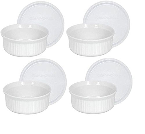 CorningWare French White Pop-Ins 16-Ounce Round Dish with Plastic Cover, Pack of 4 Dishes