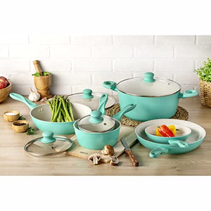 IMUSA USA 10pc Forged Nonstick white Interior Ceramic Teal Cookware Set