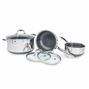 HexClad 6-Piece Hybrid Cookware Set - 2, 3, and 8 Qt Pot Set with 3 Glass Lids, Stay-Cool Handle, Nonstick - PFOA Free, Dishwasher, Oven Safe, Works with Induction, Ceramic, Electric, and Gas Cooktops
