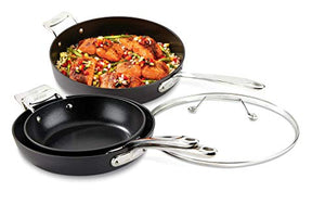 All-Clad Essentials Nonstick Skillet set, 4-Piece, Grey & E7951364 HA1 Hard Anodized Nonstick Dishwasher Safe PFOA Free Square Griddle Cookware, 11-Inch, Black