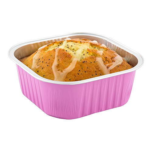 10 Ounce Disposable Ramekins, 100 Square Creme Brulee Disposable Cups - Oven-Safe, For Cupcakes And Muffins, Pink Aluminum Disposable Baking Cups, Freezer-Safe, Lids Sold Separately - Restaurantware