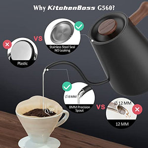 Electric Gooseneck Pour Over Kettle: KitchenBoss 1 Liter Temperature Control Coffee Kettles, 1350W Quickly Heating and Keep Warm Settings Stainless Steel Walnut Handle with Mute Mode, Charcoal Black